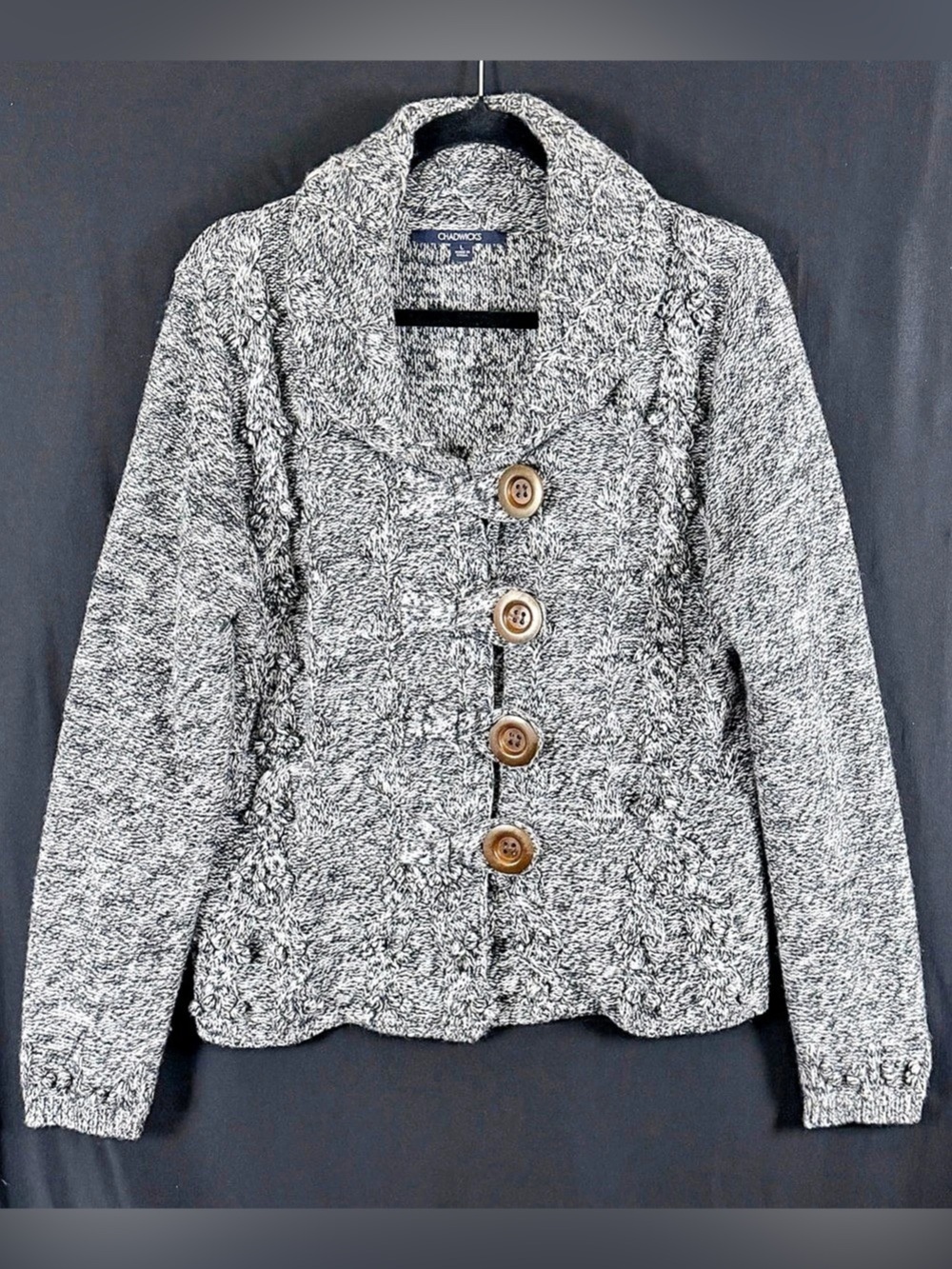 Chadwicks Knit Cardigan in Gray & White Lambswool Nordic Fisherman textured
